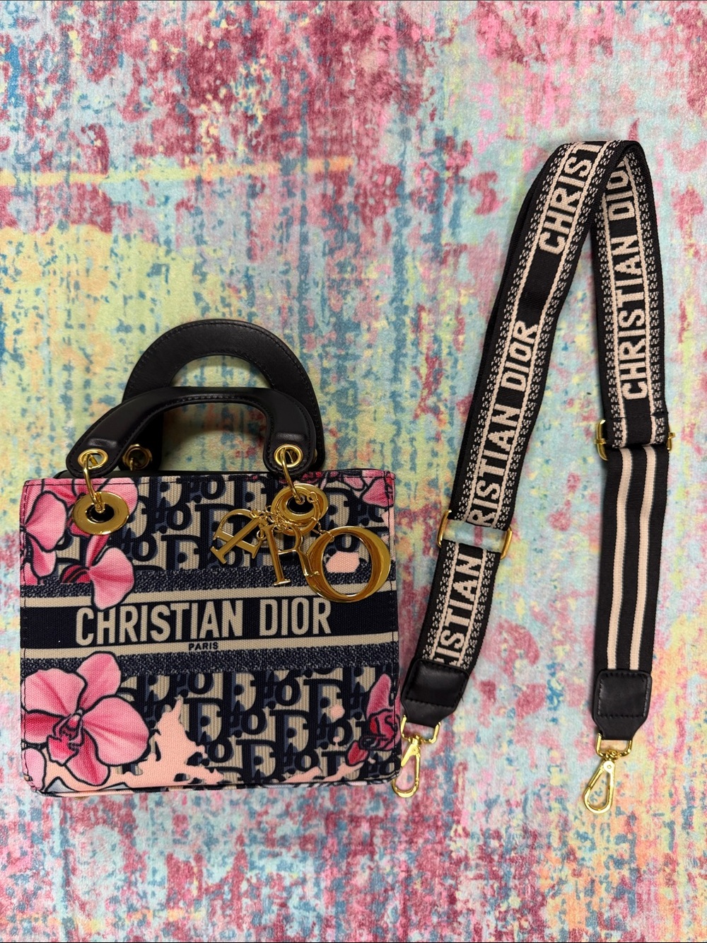 Navy and Pink Floral Lady D-Lite Tote with Logo Strap